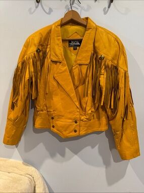 Vintage Yellow Genuine Leather Fringed Cropped Western Jacket L 80s 90s Boho